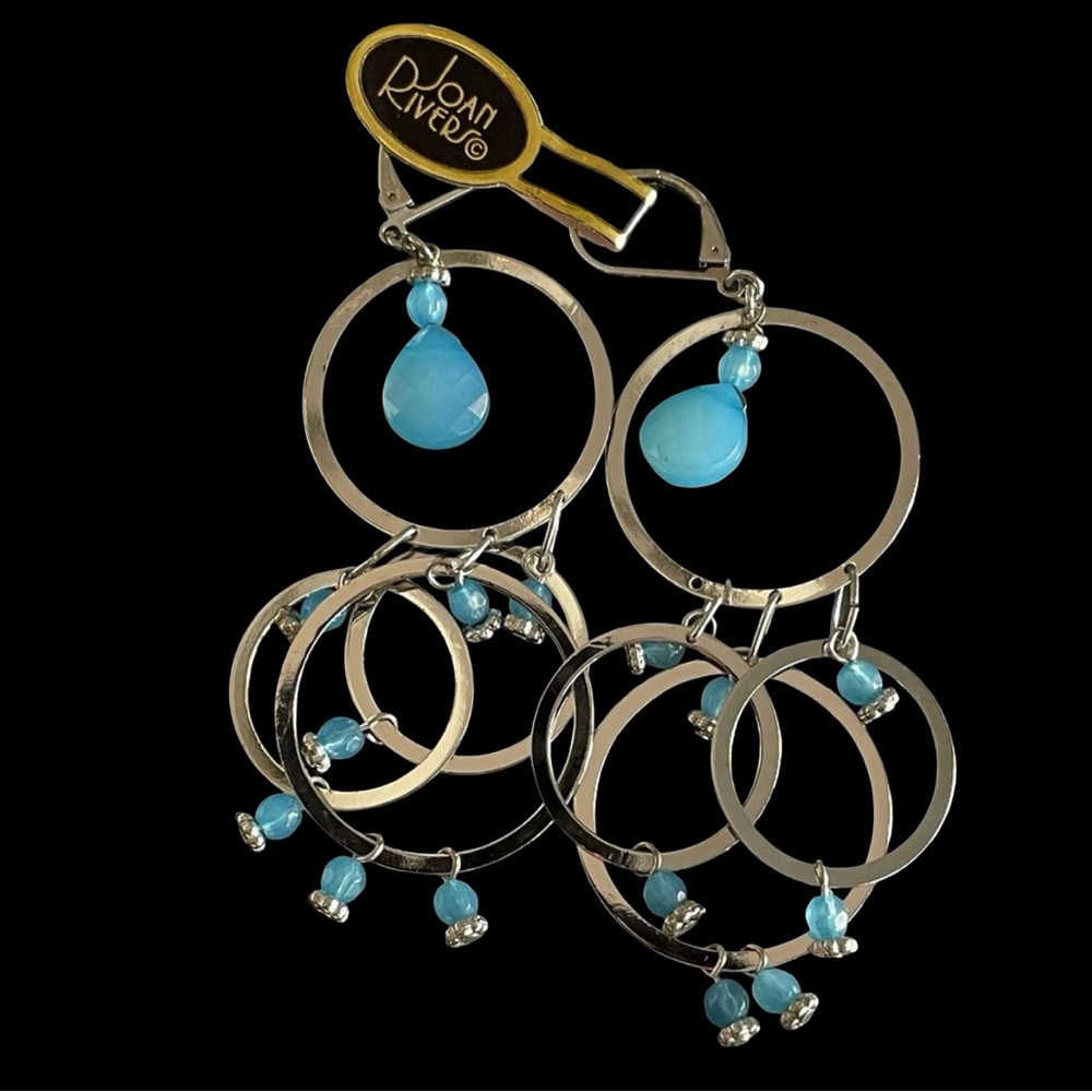 Vintage Joan Rivers Silver Plated Chandelier Earrings With Turquoise Resin Beads